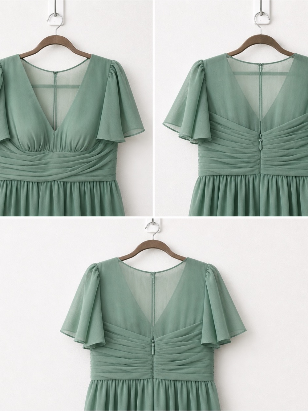 NWT Azazie Sage Green V-Neck Flutter Sleeve Maxi Dress bridesmaid formal gown A8 - Picture 5 of 14
